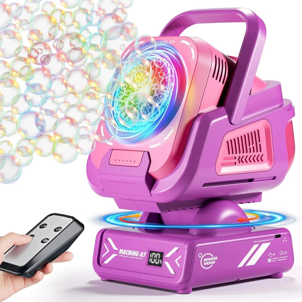 Bubble Machine with Remote Control, Automatic Rotation RGB Lights, 1800mAh