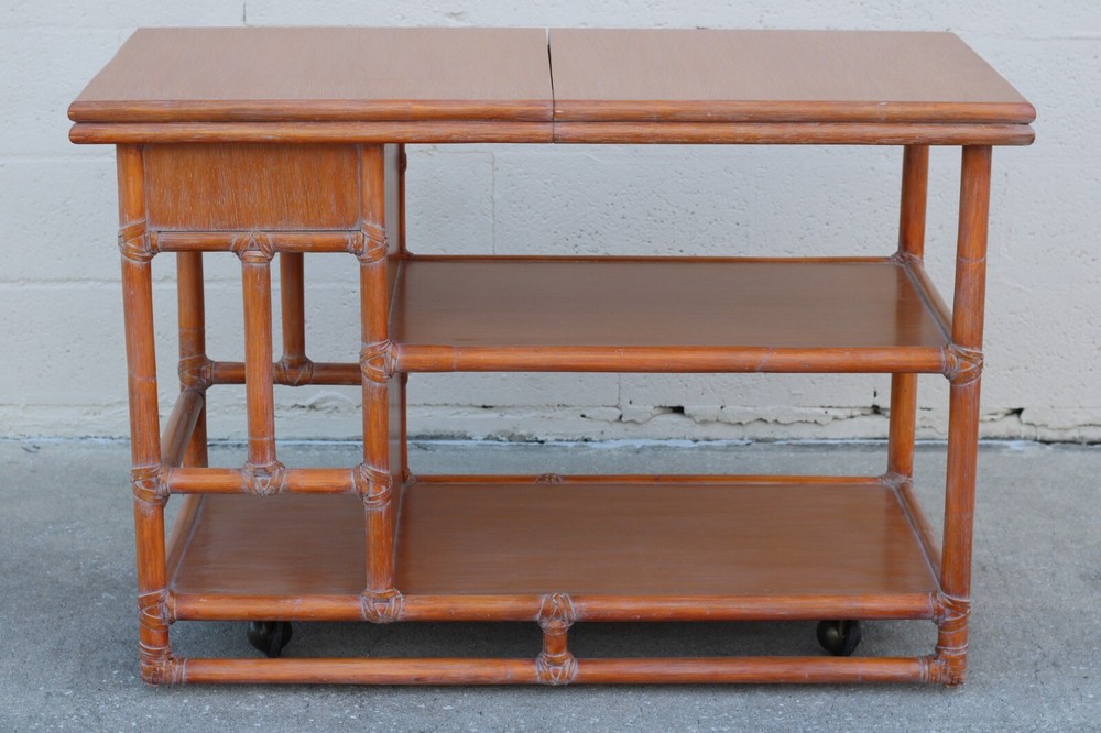 Authentic Marked McGuire Bamboo Rattan Rolling Sliding Adjustable Top Server MCM