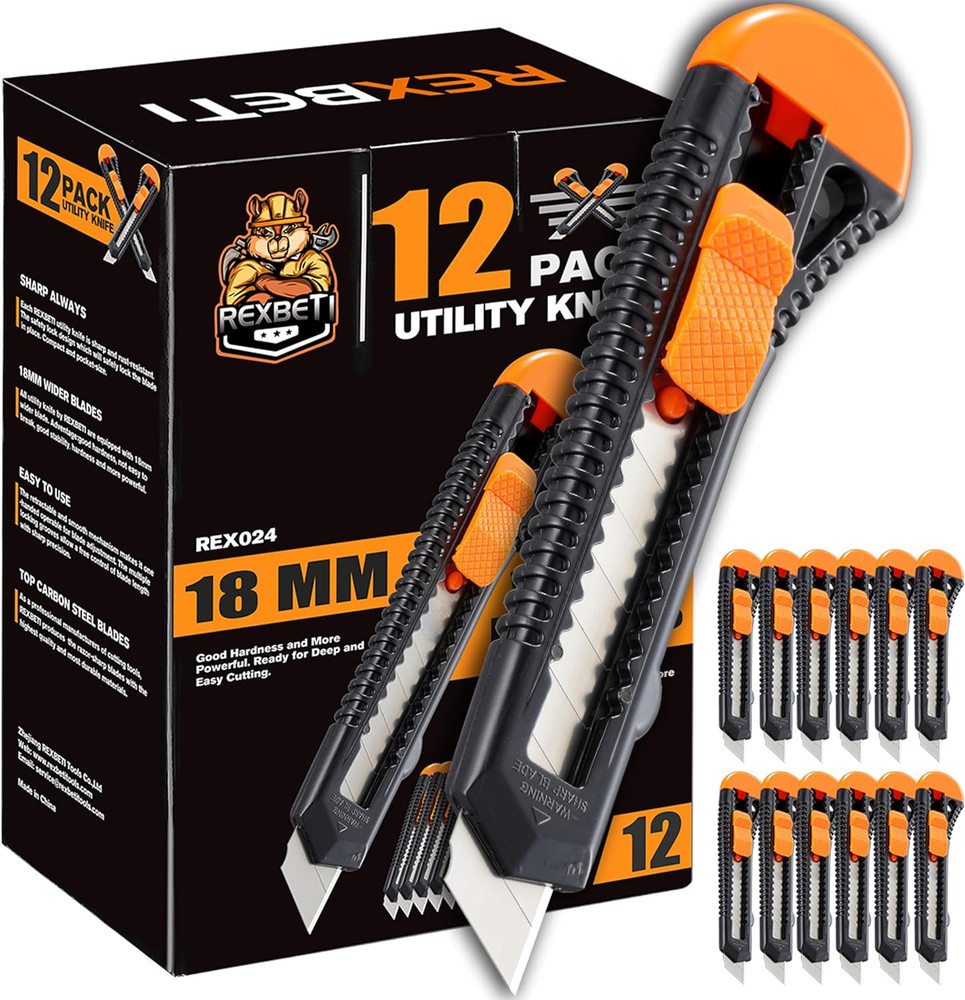 12 Pack Retractable Utility Knife Box Cutter 18mm Razor Sharp Blade Carbon