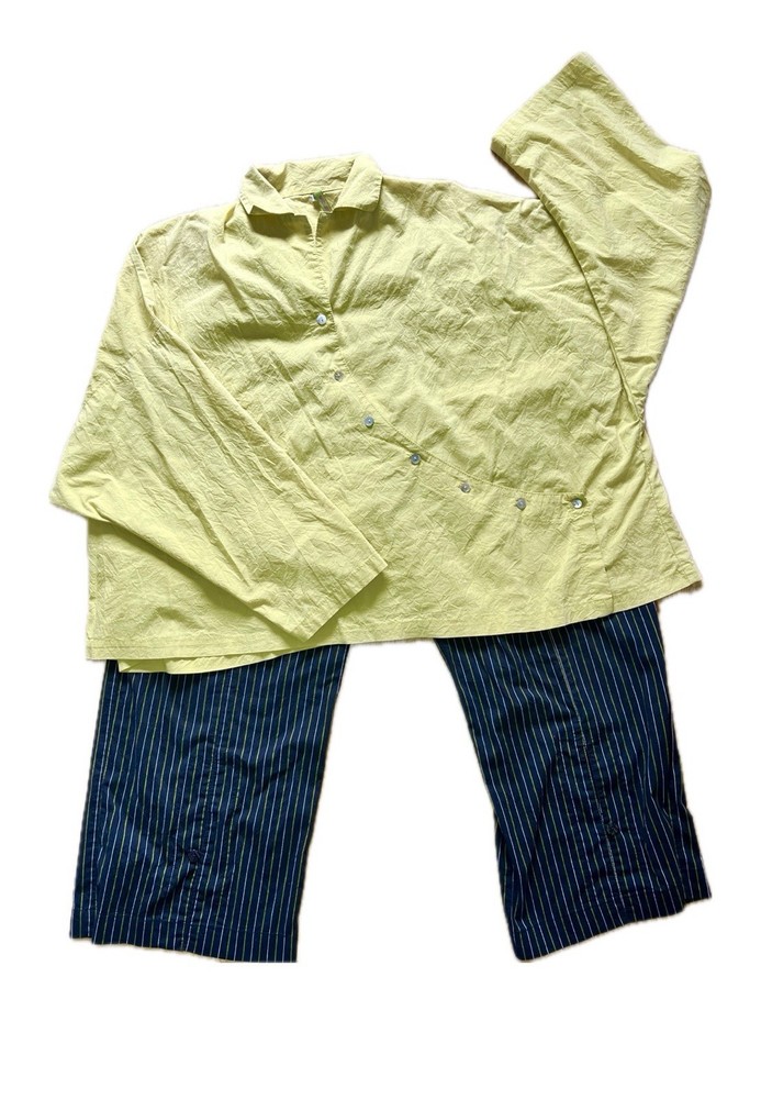 Blanque Set Asymmetrical Chartreuse Collared Top Boxy Pinstripe Pants Oversized