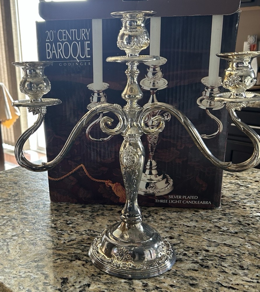 Godinger 20th Century Baroque Silverplate Three Light Candelabra