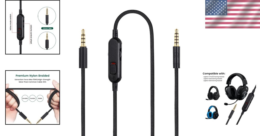 6ft Detachable Headset Cable with Inline Volume Controller for Multiple Devices