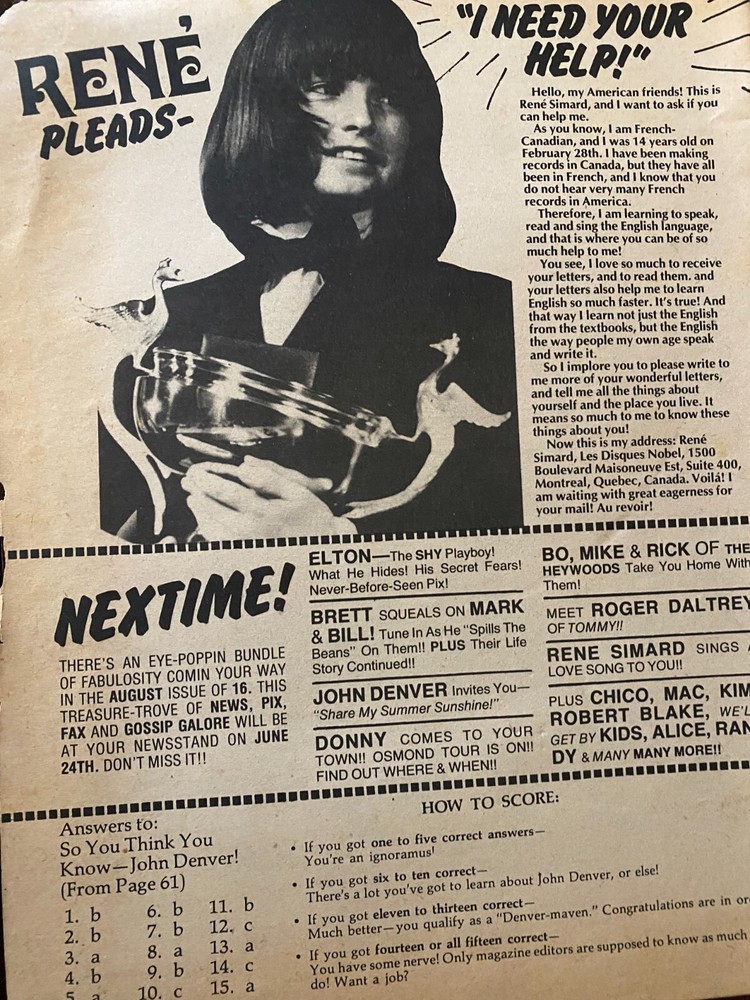 Rene Simard, Full Page Vintage Clipping, aa