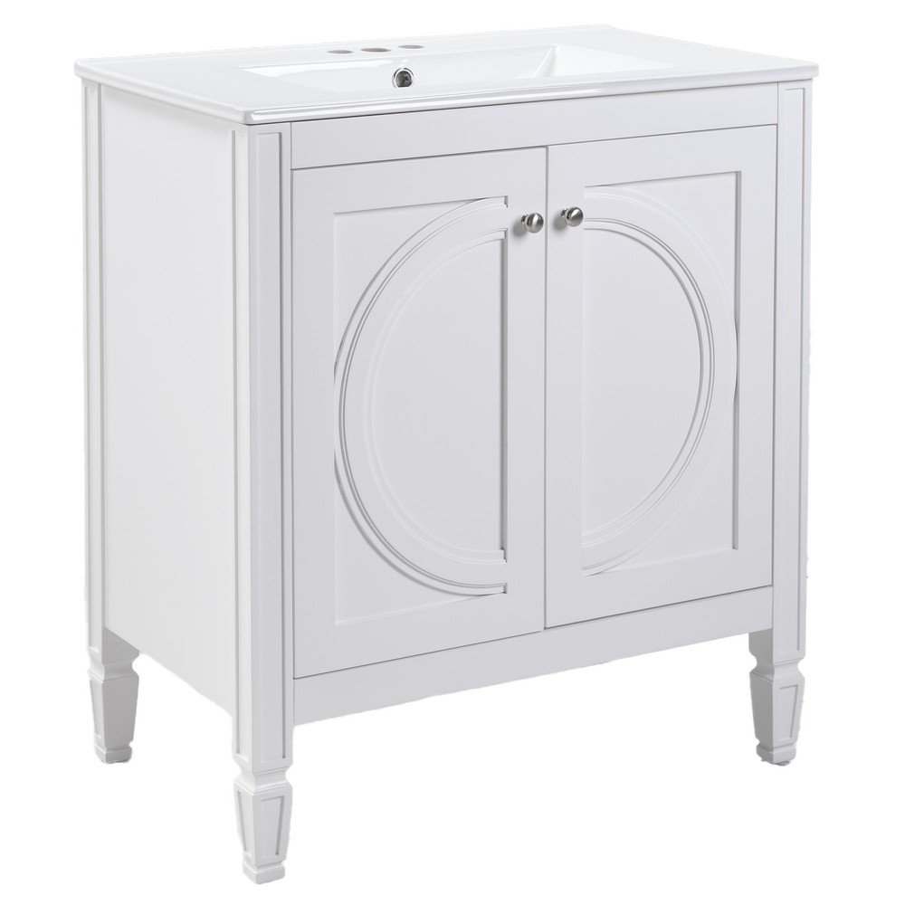 30" White Bathroom Vanity w/Ceramic Sink,2 Soft-Close Doors & Adjustable Shelf