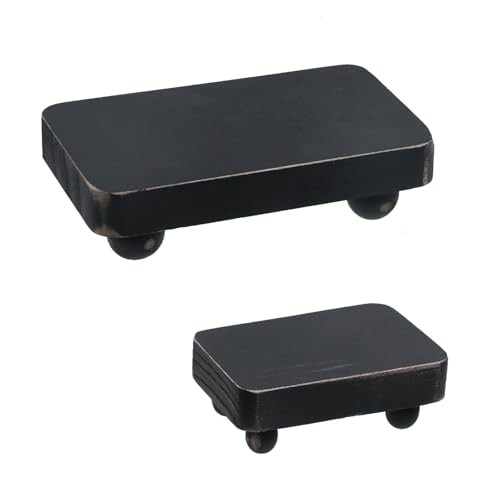 2Pcs Rectangular Wood Carved Stand Base,Chinese Solid Wood Base, Black Vase