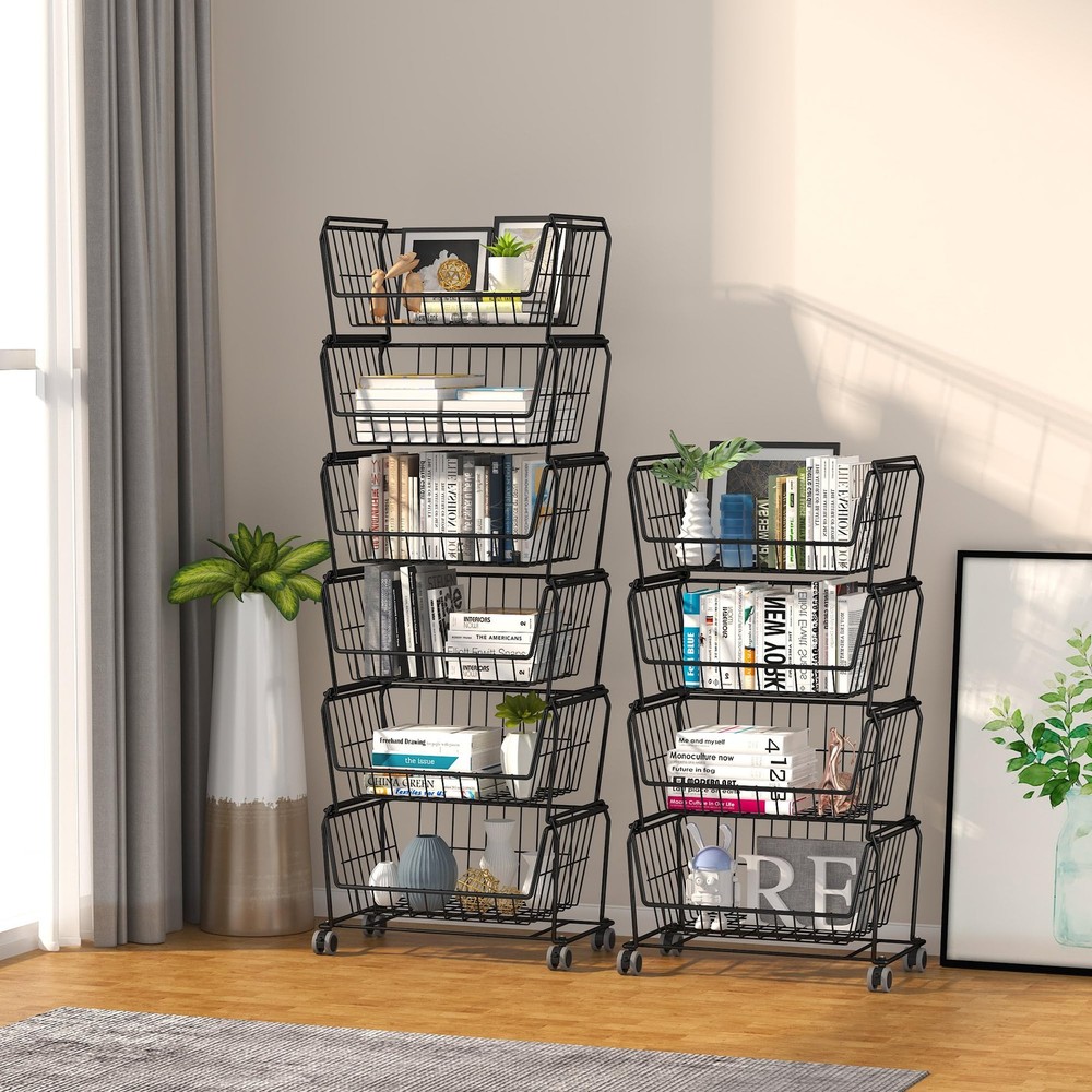 4-Tier Spacious Stackable Wire Storage Baskets with Wheels, Metal Rolling Uti...