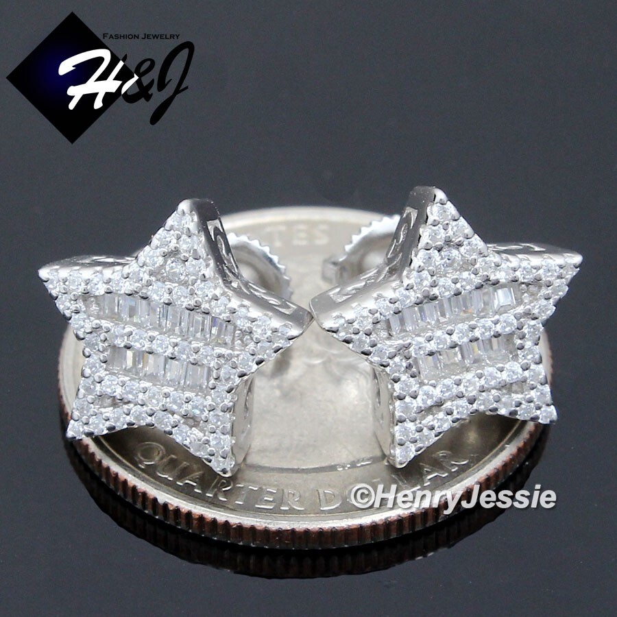 MEN SOLID 925 STERLING SILVER ICY BLING BAGUETTE CZ 3D STAR STUD EARRING*E226