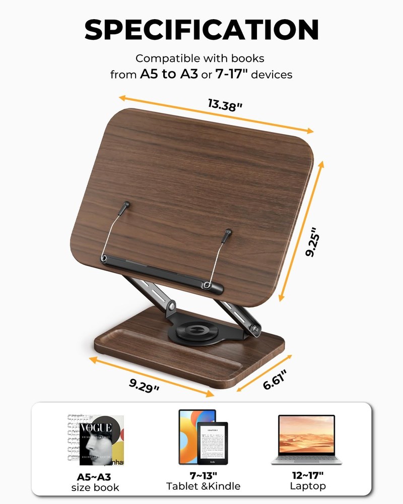 Adjustable Book Stand 360 Rotation Height Extendable Page Clips Storage