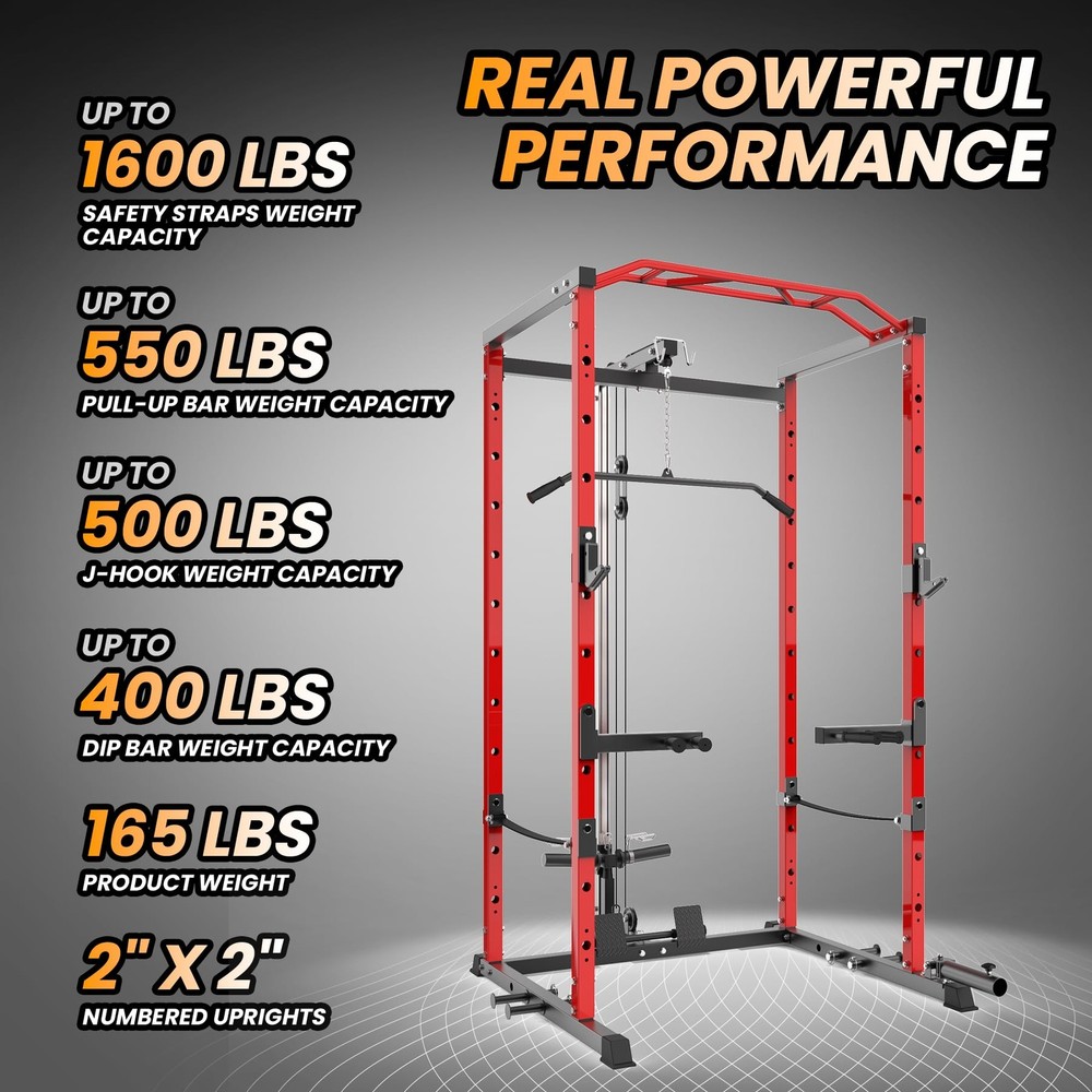 Multi-Functional Power Cage with LAT Pulldown System 1600LBS Power Rack Home Gym