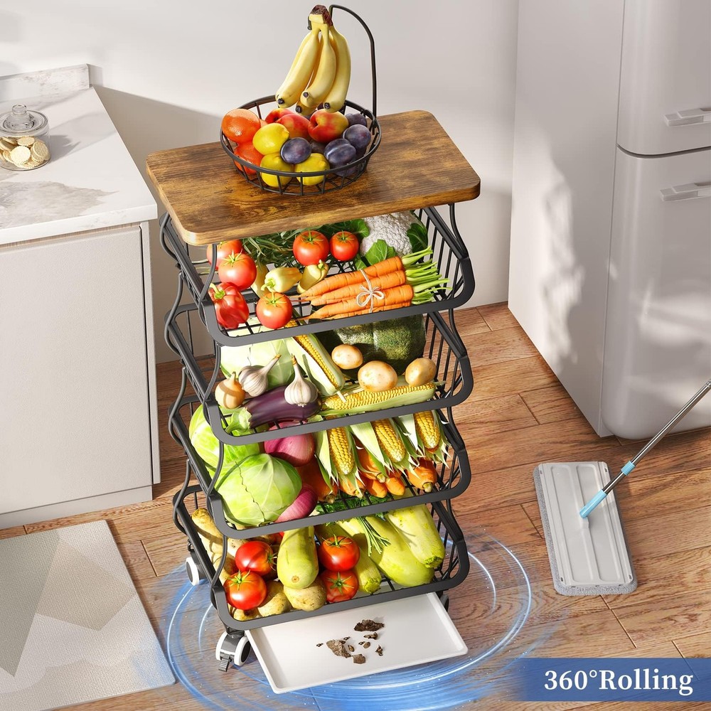 Fruit Basket Kitchen Pantry Organizers and Storage - Wooden Top Table, Stacka...