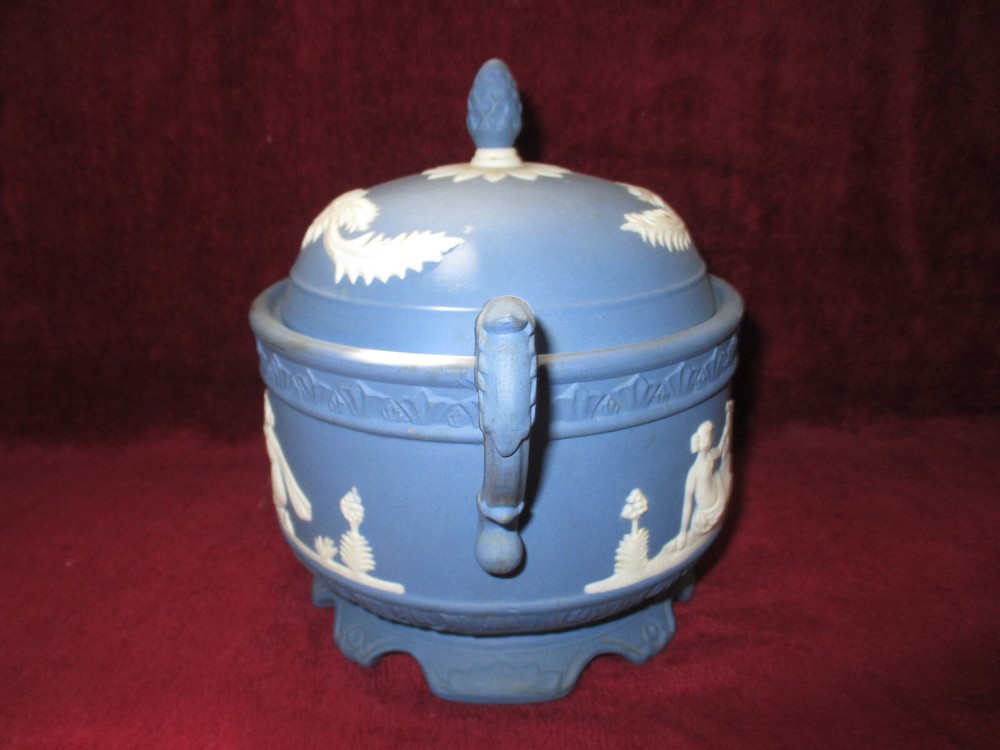 Antique Jasper Ware Neo Classical Figures Blue & White Cracker Jar with Handles