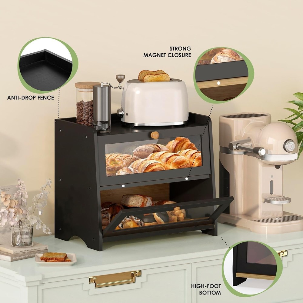 Double Layer Bread Box for Kitchen Countertop, Large Breadbox Bread Container...