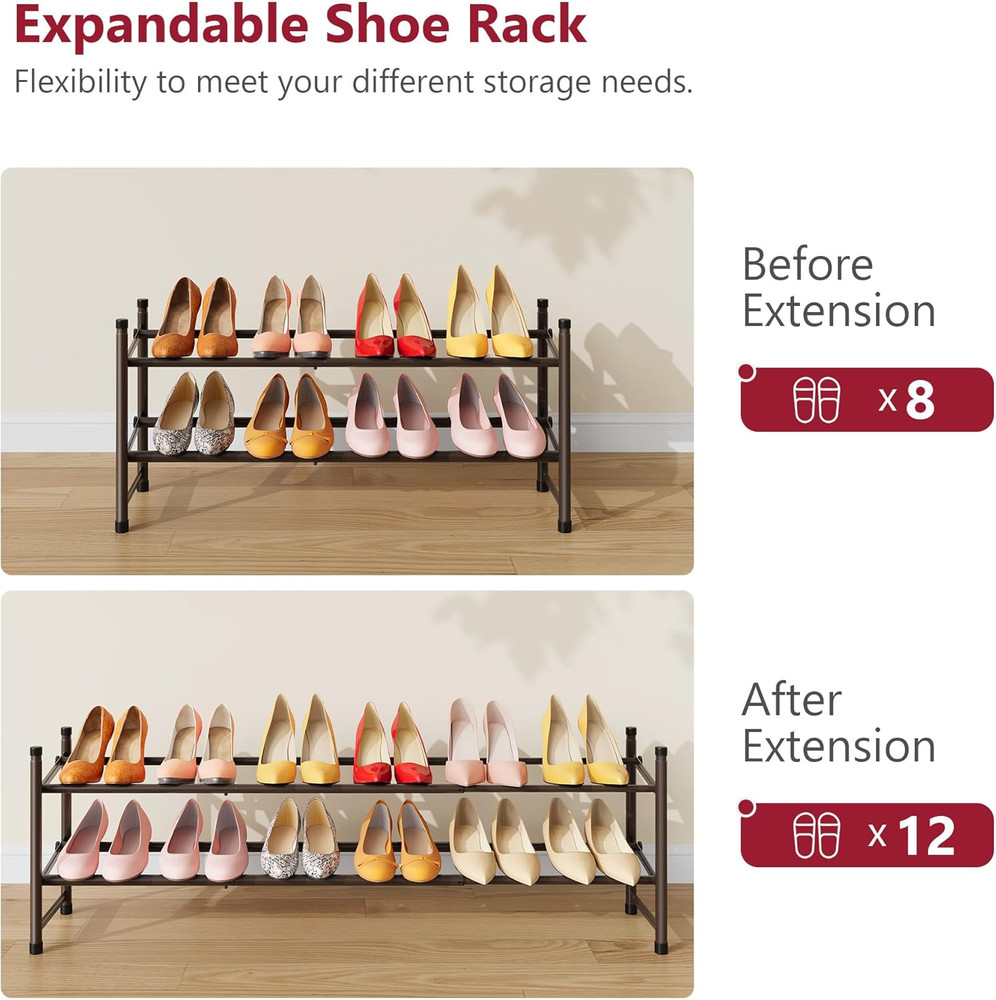 2 Tier Expandable Shoe Rack for Closet, 28“-41“Adjustable & Stackable Shoe Shelf