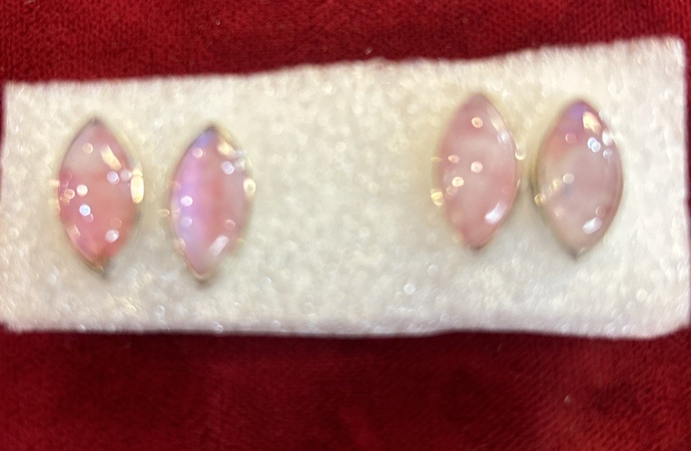 Marquee Shaped Pink rainbow moonstone stud earrings Set In Sterling Silver