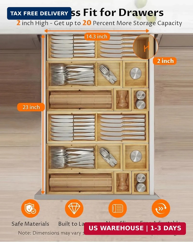 12-Piece Bamboo Desk Drawer Organizer Set - Adjustable Storage Boxes with 24 Com