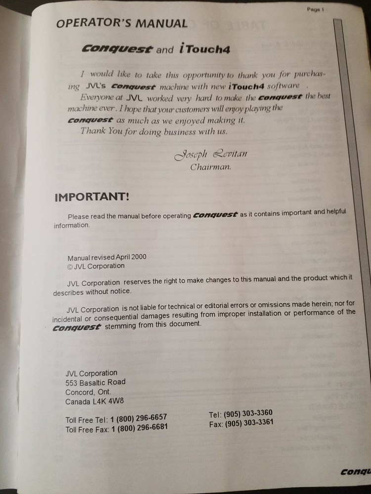 Original VINTAGE Conquest Coin-op Operator's Arcade Manual COMPLETE