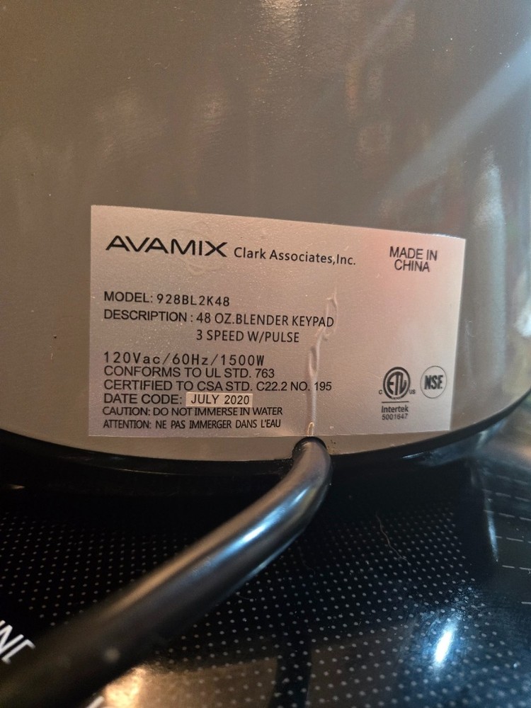 avamix blender base, Model number 928BL2K48, 3 settings