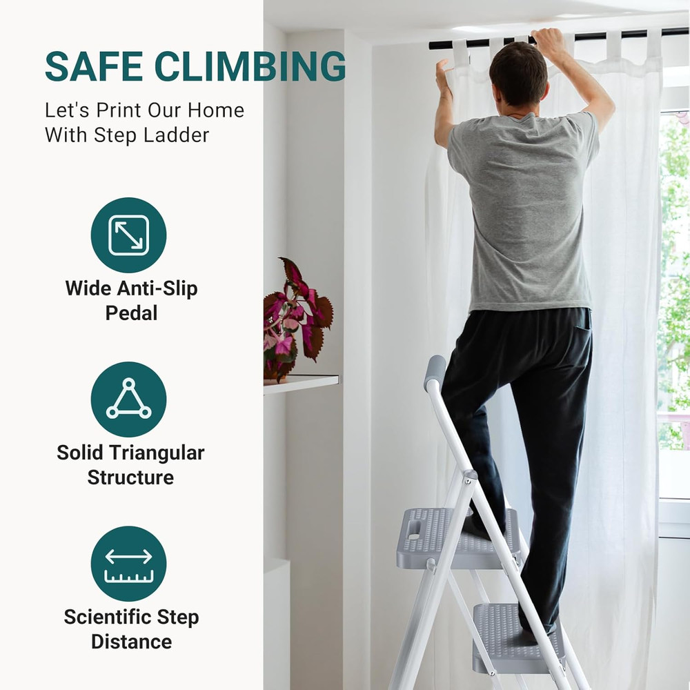 Step Ladder, 2 Step Stool Foldable with Anti-Slip Pedal & Comfortable Handrail,