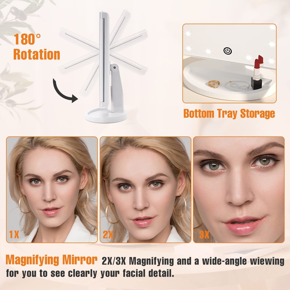 Trifold Vanity Mirror with Lights Lighted Makeup Mirror 2X/3X Magnification 2...