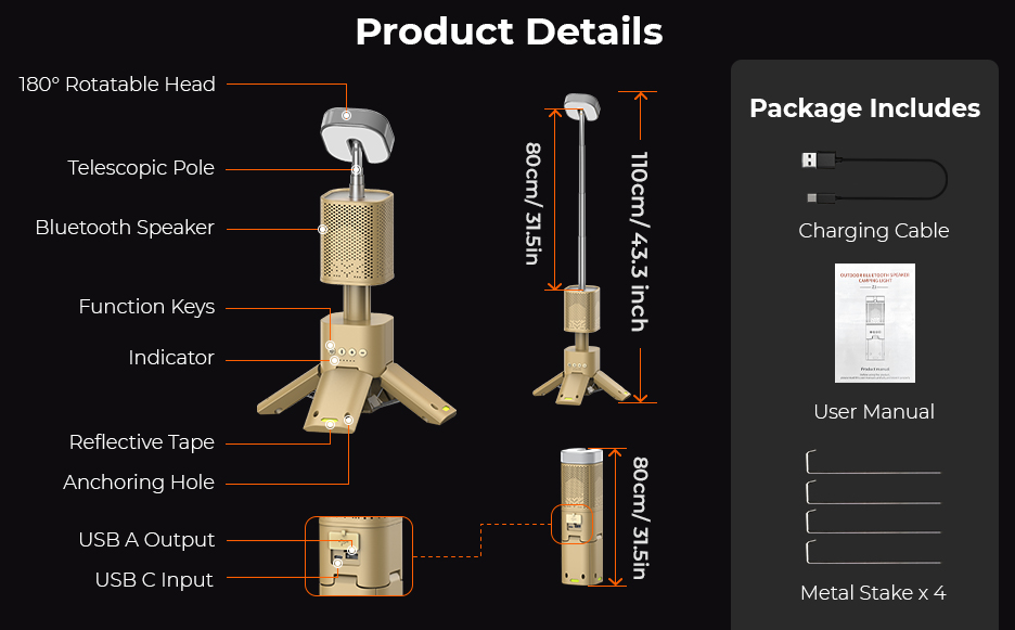 Rechargeable Camping Lantern with Bluetooth Speaker, camping lights