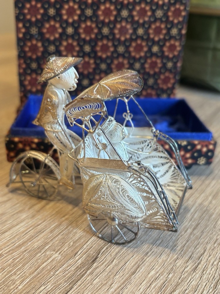 Sterling Silver Filigree Rickshaw Miniature with Figures in Display Case