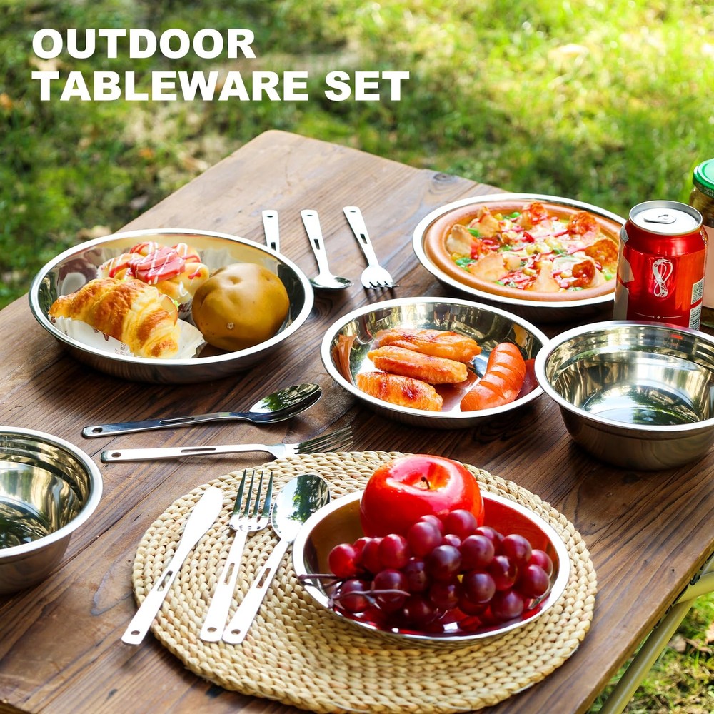 28-Piece Camping Mess Kit Dinnerware Set - Cookware, Utensils, Plates & Bowls