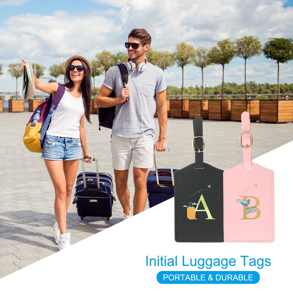 2 Pack Initial Luggage Tags, Letter PU Leather Suitcases Tags, Pink (E)