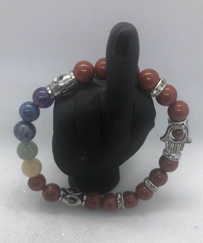Stretch beaded 8 mm bracelet Red Jasper/Chakra/Hamsa