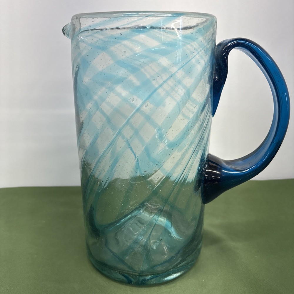 Vintage Hand Blown Blue Swirl Glass 9” Pitcher with Handle