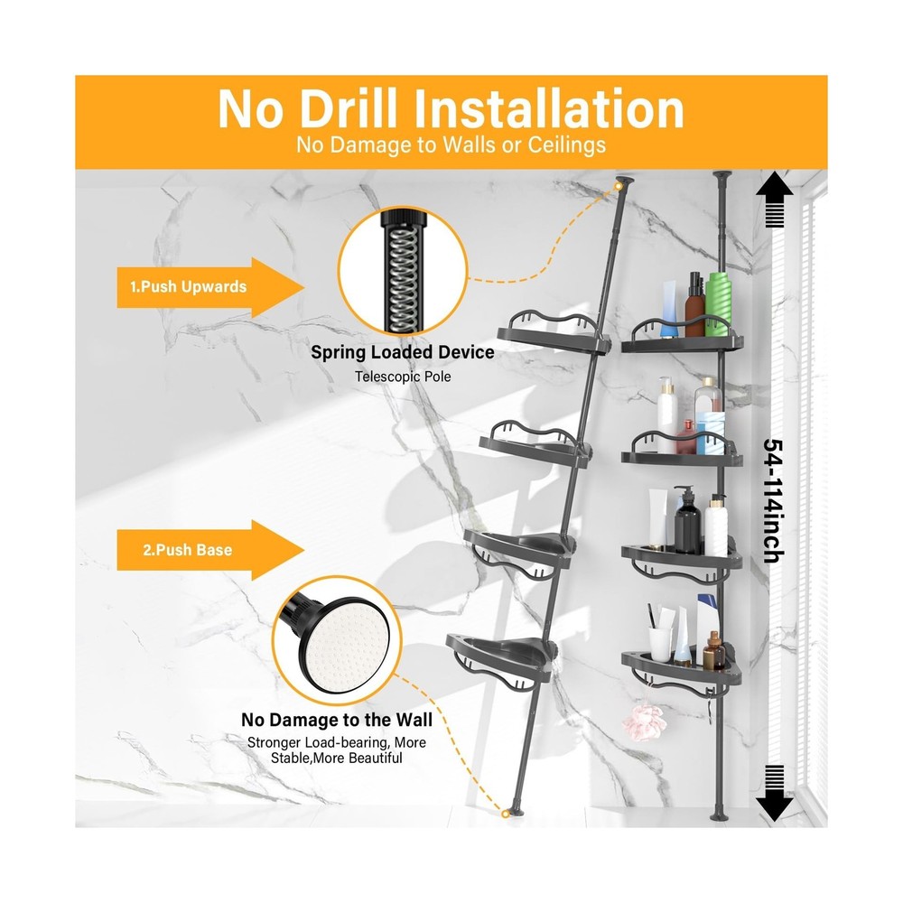 Black Corner Shower Caddy Tension Pole - Heavy Duty Rustproof Stain... Fast Ship