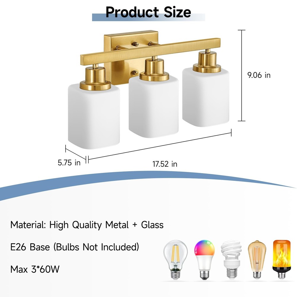 Bathroom Vanity Light,3-Light Gold Modern Bathroom Light Fixtures with Square...
