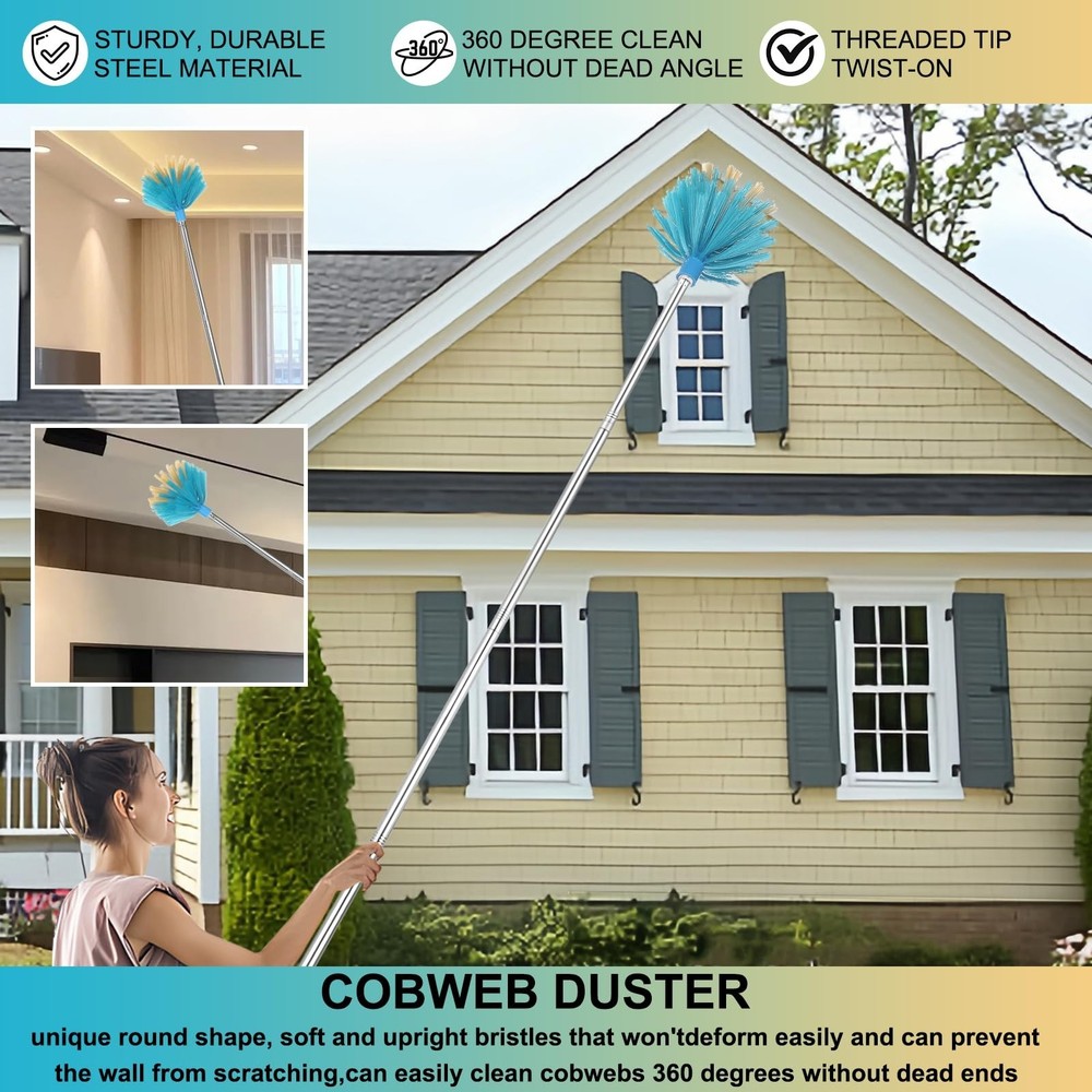 Cobweb Duster with Extension Pole，Medium Stiff Bristles Cobweb Duster Hea