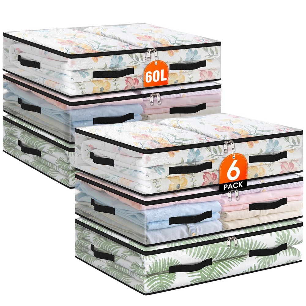 6 Pack Under Bed Storage Bags, 60L Foldable Clear Storage Containers with Han...