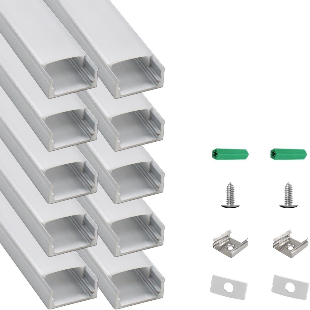 10-Pack 3.3ft/1M U-Shape LED Aluminum Channel System, Silver Profile with White