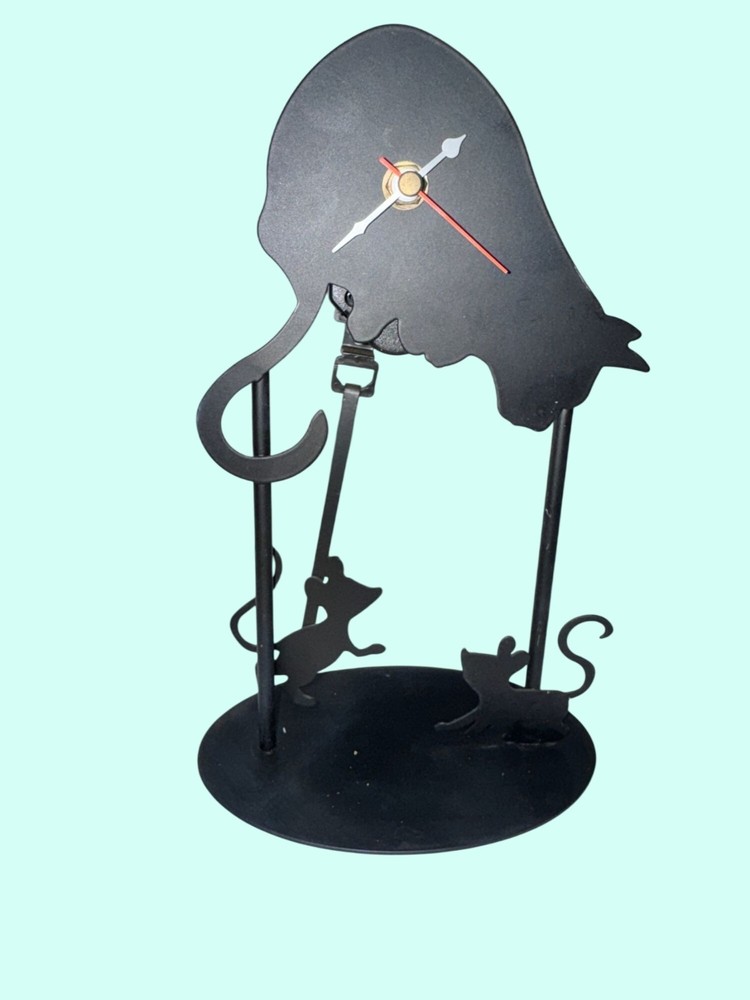 Mouse & Cat Shadow Silhouette Table Clock Black Metal 8" Tall Oval Base