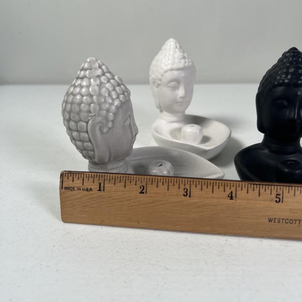 3 Ceramic Buddha Figures Incense Burner Holders White/Black/Gray