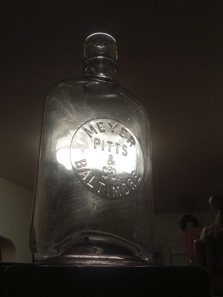 Ca.19oo "MEYER PITTS & CO" BALTIMORE MD WHISKY FLASK OR. STATE 6" BIM