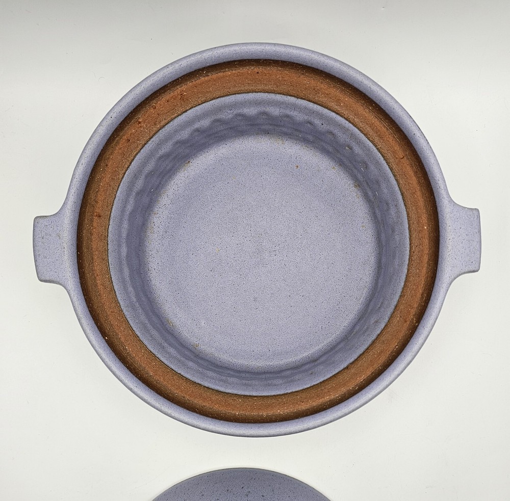 Signed Studio Pottery Dish w/ Lid ~ Unique Lavender Handled Dish & Dome Lid DWL