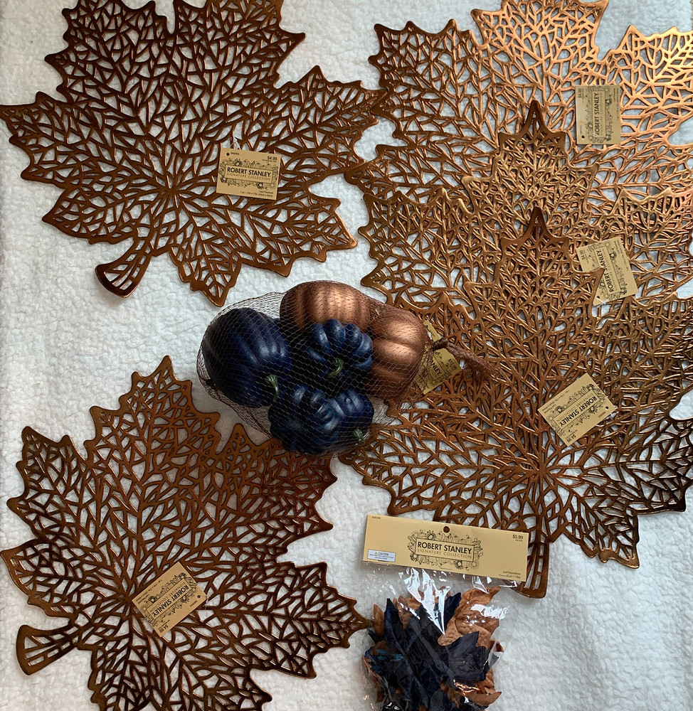 NEW Table Decor Fall Thanksgiving Navy & Copper Leaf Placemats & Pumpkins