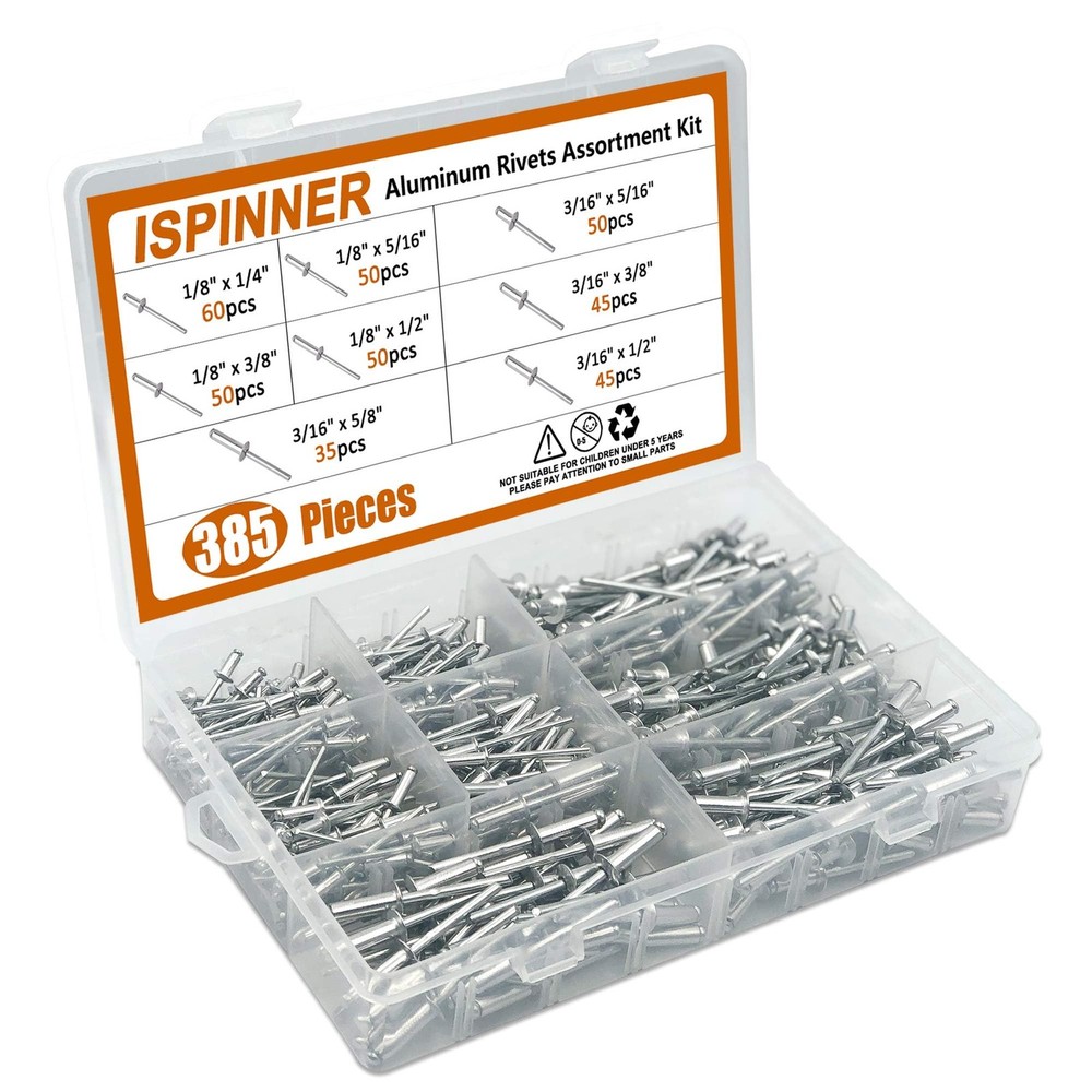 385pcs 8 Sizes Aluminum Blind Rivets, Pop Rivets Assortment Kit (Silver)