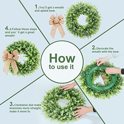 Boxwood Wreath,3 Interchangeable Bows -1-Hanger .Artificial Spring, Green