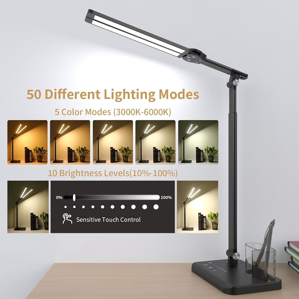 LED Desk Lamp with Dual Heads, Height Adjustable for Reading, Work, Study