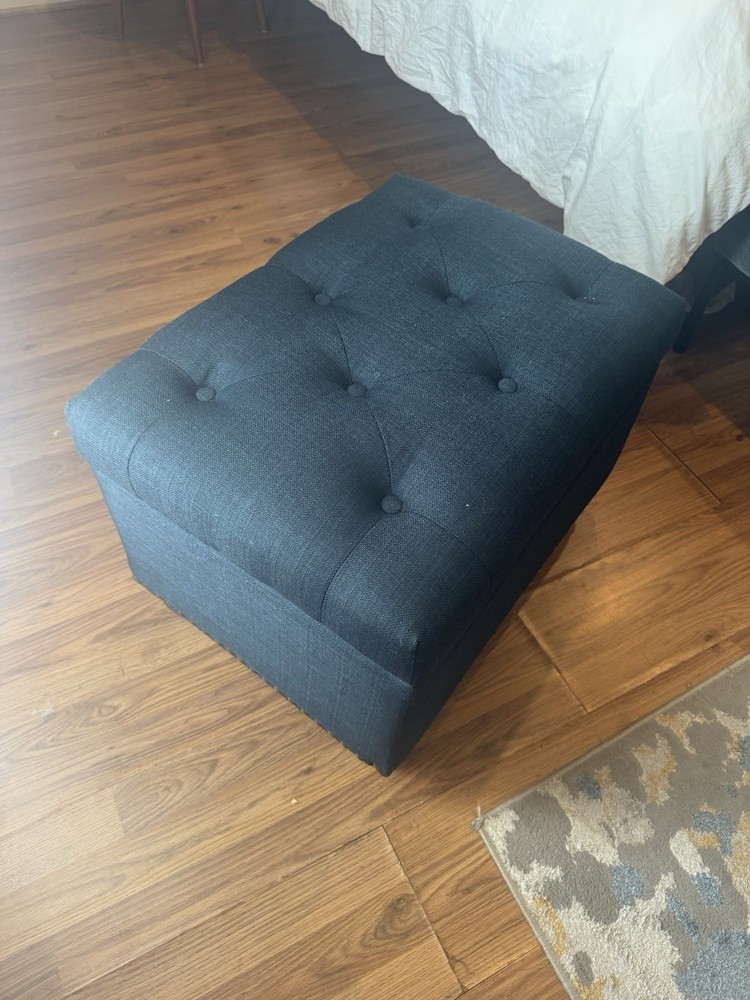 Dark Blue Tufted Rectangular Fabric Storage Ottoman with Nailhead Trim
