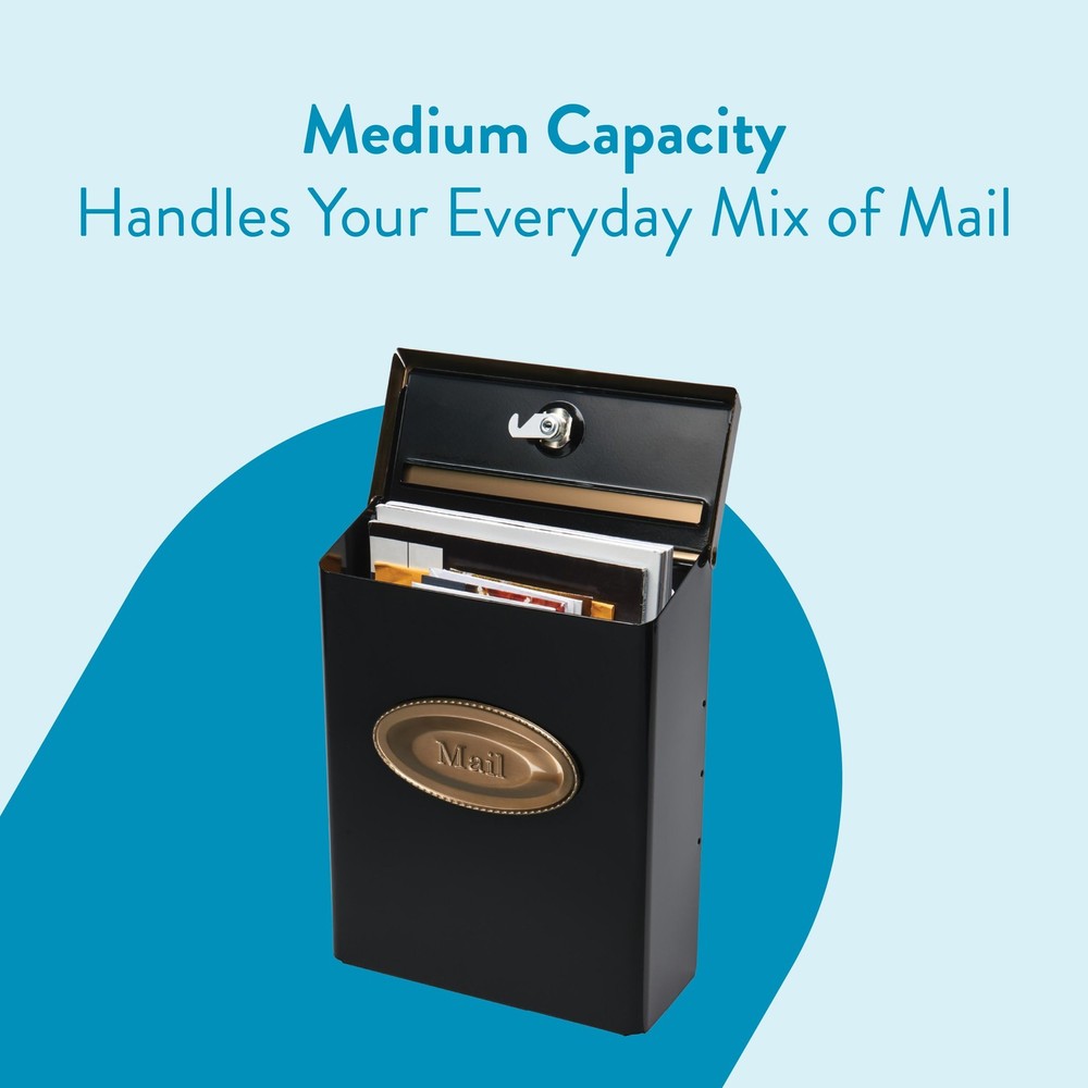 Locking Vertical Wall-Mounted Mailbox, Modern Metal, Black with Optional Emblem