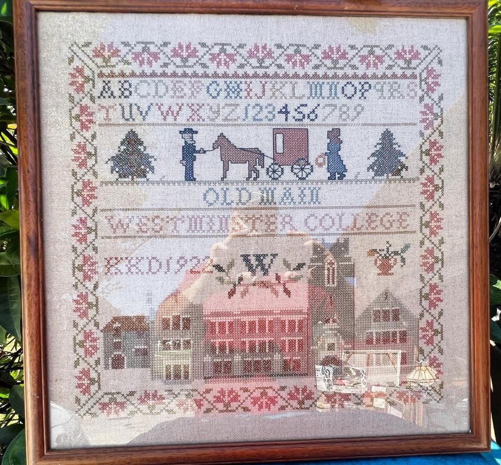 Vintage Completed Needlework Cross Stitch Westminster Sampler