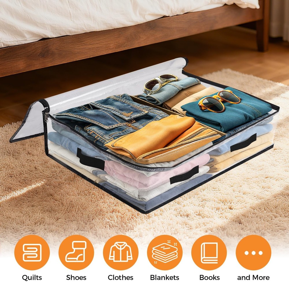 6 Pack Under Bed Storage Bags, 60L Foldable Clear Storage Containers with Han...