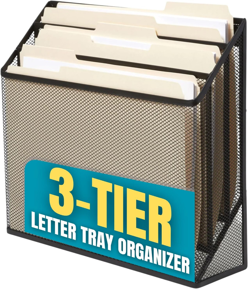 3 Tiers File Folder Organizer, Desk Sorter, Black Mesh