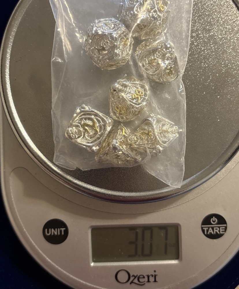 Hollow Silver Skeleton 7 Pc Polyhedral Dice Set Gold Numbers