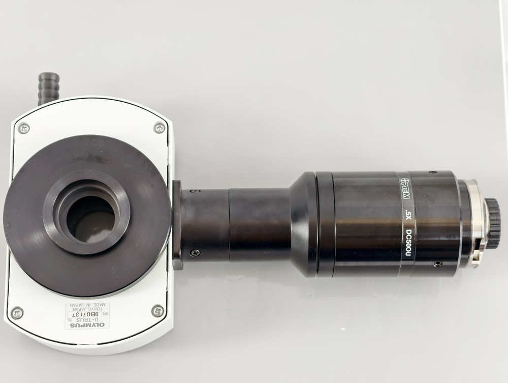 Olympus Microscope U-TRUS with Riser and Optem 0.5x C Mount Camera Adapter