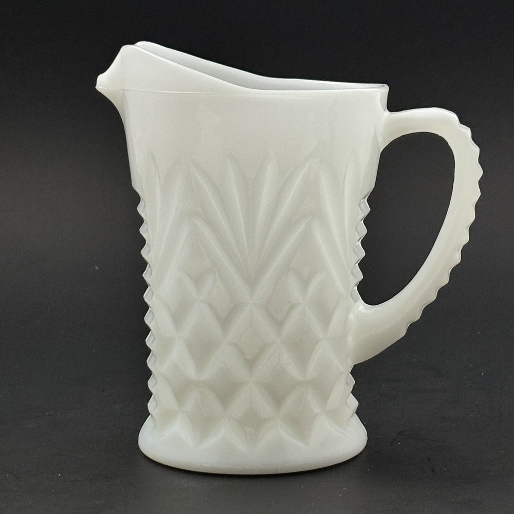 Milk White Glass Pitcher With Pineapple Design Cut Edge Handle 5 1/4" Tall